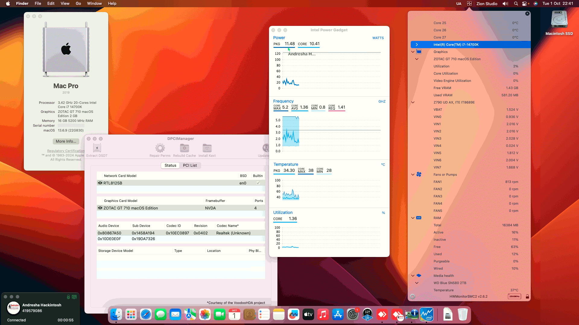 Success Hackintosh macOS Ventura 13.6.9 Build 22G830 in Gigabyte Z790 UD AX + Intel Core i7 14700K + Zotac GT 710